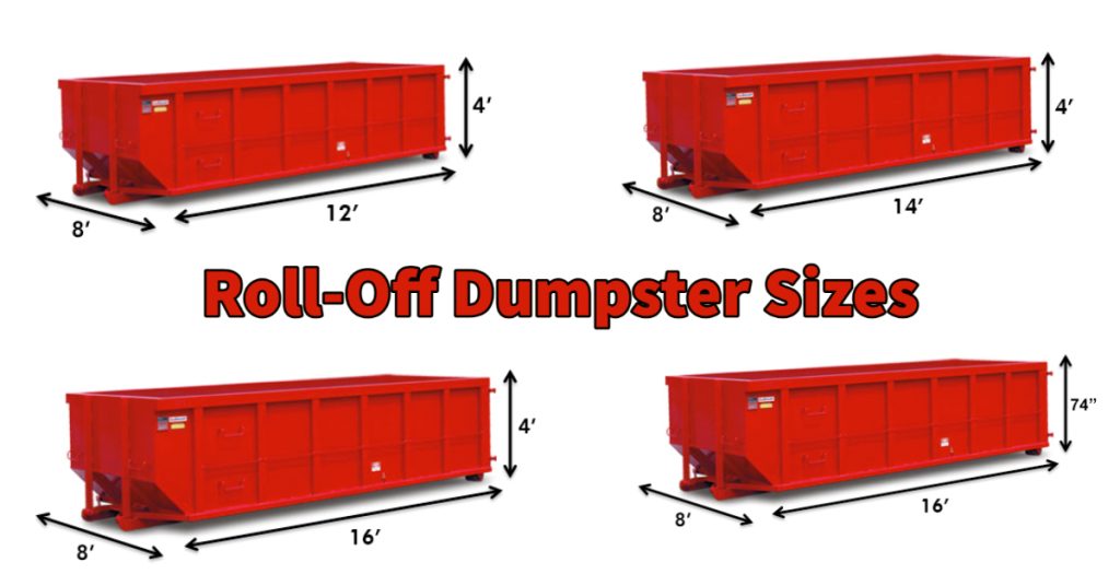 Four red dumpsters from KEI dumpster rental services, each with arrows showing the specific dimensions. 