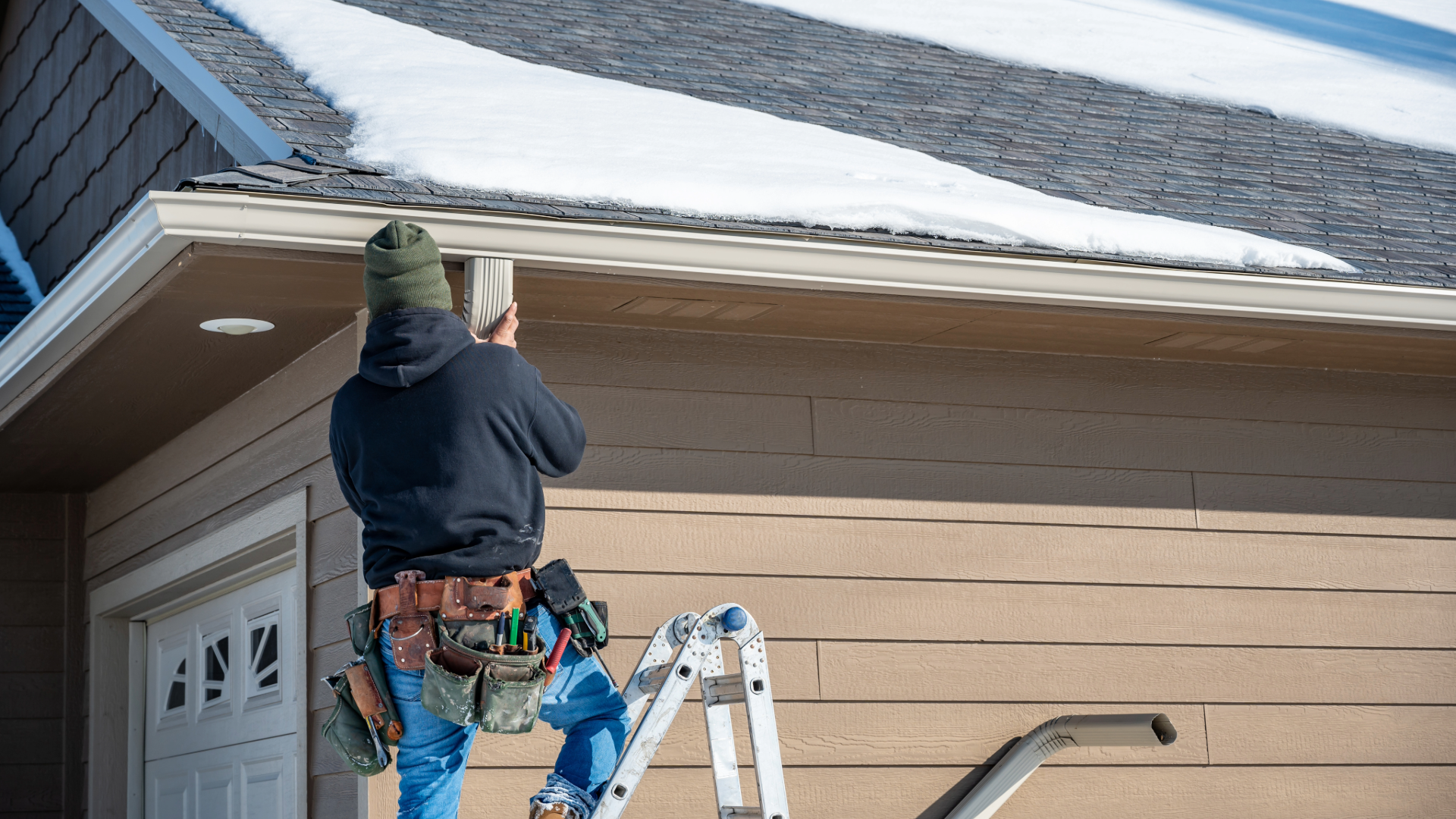 A roofing contractor repairs a problem with a gutter on a roof. Roofing projects require local dumpster rentals during all seasons of the year.