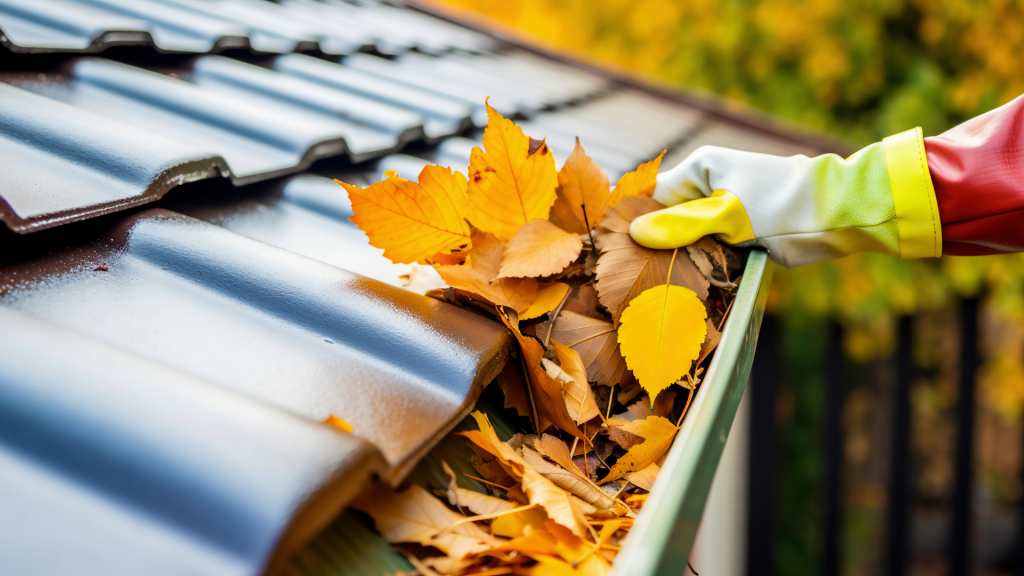 A man wearing a glove cleans leaves out of a gutter and disposes of them in local dumpster rentals. 