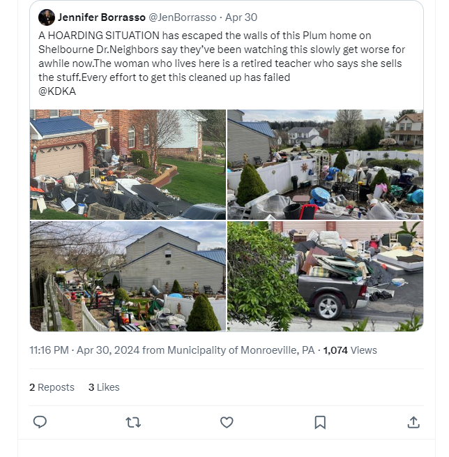 A screenshot of a post on X from WPXI TV reporter Jennifer Borrasso about a hoarding situation in a local home. Dumpsters were brought in to help declutter. 