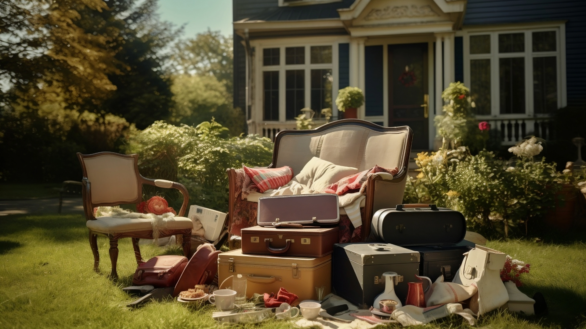 A bunch of old furniture and other household items sits in the yard in front of a home waiting for a KEI dumpster rental to dispose of the items.